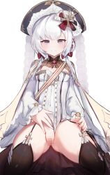 Rule 34 | 1girl, absurdres, azur lane, black thighhighs, blush, bow, breasts, buttons, censored, closed mouth, coat, commentary request, covered navel, cross, cross fitchy, cross hair ornament, cross patty, double-breasted, flandre (azur lane), garter straps, gluteal fold, grey eyes, hair bow, hair ornament, hand on own crotch, hand on own thigh, hat, highres, latin cross, leotard, light smile, long sleeves, looking at viewer, mizuhashi parusui, mosaic censoring, pussy, simple background, sitting, sleeves past wrists, small breasts, solo, spread legs, thick thighs, thighhighs, thighs, white background, white coat, white hair, white leotard