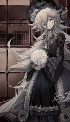 Rule 34 | 1girl, black eyes, bonnet, bouquet, brooch, commission, dated, dress, flower, half-closed eyes, high collar, highres, holding, holding bouquet, jewelry, lolita fashion, long hair, long sleeves, looking at viewer, meyou 0319, original, rose, solo, spiked hair, very long hair, white flower, white hair, white rose, wide sleeves, window