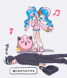 Rule 34 | 1boy, 1girl, absurdres, black footwear, black hair, black jacket, black pants, blue hair, blue skirt, closed eyes, commentary request, creatures (company), earrings, exhausted, facing down, fairy miku (project voltage), flower, formal, full body, game freak, gen 1 pokemon, grey asa, grey hair, hair flower, hair ornament, hand on own chest, hand up, hatsune miku, highres, jacket, jewelry, jigglypuff, larry (pokemon), loafers, long hair, long sleeves, loose socks, lying, miniskirt, multicolored hair, music, musical note, nail polish, neckerchief, nintendo, on stomach, open mouth, pants, pink footwear, pink hair, pink nails, pink sweater, plaid, plaid skirt, pokemon, pokemon (creature), pokemon sv, project voltage, red flower, scrunchie, shoes, short hair, sidelocks, signature, singing, skirt, sleeping, smile, socks, streaked hair, suit, sweater, translated, twintails, two-tone hair, very long hair, vocaloid, white neckerchief, white socks, wrist scrunchie, yellow flower, yellow scrunchie, zzz
