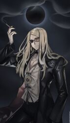 Rule 34 | 1boy, absurdres, bebe (todoroki), black background, black jacket, black pants, blonde hair, cigarette, coat, eclipse, fate/grand order, fate (series), glasses, highres, jacket, jewelry, long hair, male focus, necklace, open clothes, open jacket, pants, shirt, slit pupils, smile, smoke, solo, tezcatlipoca (fate), trench coat, white shirt
