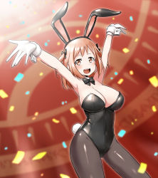 Rule 34 | 1girl, :d, animal ears, armpits, arms up, black pantyhose, blush, bow, bowtie, breasts, brown eyes, brown hair, cleavage, confetti, covered navel, detached collar, fake animal ears, gloves, hair bow, hataraku maou-sama!, highres, large breasts, leotard, open mouth, pantyhose, playboy bunny, rabbit ears, rabbit tail, revision, sasaki chiho, short hair, short twintails, smile, solo, tail, twintails, two side up, white gloves, wrist cuffs, zaxwu