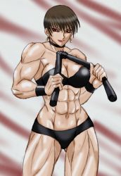 Rule 34 | 1girl, abs, armband, biceps, black bra, black panties, bra, bracelet, breasts, brown hair, choker, cleavage, collar, earrings, female focus, jewelry, large breasts, lips, muscular, navel, panties, red eyes, short hair, simple background, snk, solo, source request, strapless, strapless bra, swimsuit, taroimo (00120014), the king of fighters, thick thighs, thighs, underwear, underwear only, vice (kof)