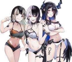 Rule 34 | 3girls, asymmetrical horns, bare shoulders, bikini, black choker, black hair, blue eyes, blue hair, breasts, caicos, choker, colored inner hair, crossed arms, grey hair, highres, hololive, hololive dev is, hololive english, horns, juufuutei raden, large breasts, long hair, looking at viewer, medium breasts, multicolored hair, multiple girls, nail polish, nerissa ravencroft, red eyes, shiori novella, split-color hair, streaked hair, swimsuit, tattoo, uneven horns, virtual youtuber, white background