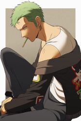 Rule 34 | 1boy, facial hair, food, food in mouth, from side, frown, green hair, jacket, looking at viewer, male focus, mouth hold, off shoulder, one piece, p5naq pv, pants, pocky, pocky in mouth, profile, roronoa zoro, scar, scar across eye, short hair, sideburns stubble, sideways glance, solo, stubble, zoro jolly roger