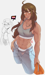 Rule 34 | 1boy, 1girl, :p, abs, absurdres, ahoge, androgyne symbol, beads, belt, blush, body freckles, bra, breasts, bridget (guilty gear), brown eyes, brown hair, cleavage, commentary, crop top, denim, english commentary, female pubic hair, freckles, grey bra, grey pants, guilty gear, guilty gear strive, habit, hexprinxess, highres, holding, hood, hood up, hooded jacket, hoodie, jacket, jeans, jewelry, lesbian flag, linea alba, long hair, looking at another, looking at viewer, looking to the side, may (guilty gear), medium breasts, medium hair, multiple girls, muscular, muscular female, navel, navel piercing, necklace, nervous, open fly, orange hoodie, pants, partially undressed, piercing, pubic hair, pubic hair peek, ring, signature, simple background, speech bubble, sports bra, standing, sweatdrop, tongue, tongue out, tongue piercing, unbuttoned, underwear, unworn clothes, unworn shirt, watermark, white background
