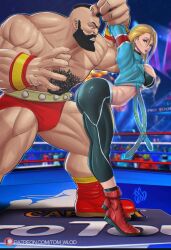 Rule 34 | 1boy, 1girl, ass, blonde hair, breasts, cammy stretch (meme), cammy white, highres, large breasts, muscular, muscular male, street fighter, street fighter 6, tom wlod, zangief