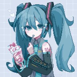 Rule 34 | 1girl, bare shoulders, black sleeves, blue eyes, blue necktie, blush stickers, collared shirt, commentary, cup, detached sleeves, glass, grey shirt, hair ornament, hatsune miku, headphones, headset, highres, holding, holding cup, holding spoon, housuke (flb66i2qnuqy63f), ice cream spoon, long hair, looking at viewer, microphone, necktie, parfait, pixel art, shirt, sidelocks, solo, sparkle, spoon, twintails, very long hair, vocaloid
