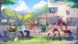 Rule 34 | 4boys, 6+girls, ahri (league of legends), animal ears, bandaid, bandaid on knee, bandaid on leg, bare legs, bare shoulders, black choker, black footwear, black socks, blonde hair, blue hair, bottle, breasts, cable, chewing gum, choker, clothing cutout, collarbone, dress, drinking, ekko (league of legends), ezreal, familiar, fox ears, fox tail, graffiti, grass, green hair, headphones, headphones around neck, highres, holding, holding bottle, janna (league of legends), jinx (league of legends), knee socks, kneehighs, kusanagi lin, landscape, large breasts, league of legends, legs, logo, lulu (league of legends), lux (league of legends), medium breasts, minidress, miniskirt, miss fortune (league of legends), multiple boys, multiple girls, pink hair, plaid, plaid skirt, pointy ears, poppy (league of legends), purple hair, purple skirt, red footwear, red hair, red skirt, road, shirt, short dress, skirt, skull print, small breasts, smile, socks, soraka (league of legends), stairs, star (symbol), star guardian (league of legends), star guardian ahri, star guardian ezreal, star guardian janna, star guardian jinx, star guardian lulu, star guardian lux, star guardian miss fortune, star guardian poppy, star guardian soraka, star guardian syndra, star print, syndra, tagme, tail, tail through clothes, talking, talking to another, teemo, thighhighs, trash can, tree, white dress, white footwear, white hair, white shirt, yordle, zed (league of legends), zettai ryouiki