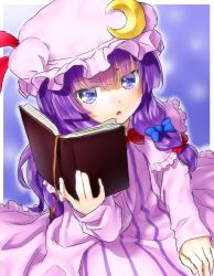 Rule 34 | 1girl, alternate eye color, blue eyes, blush, book, crescent, hat, long hair, onsoku inu, open book, open mouth, patchouli knowledge, purple hair, solo, touhou