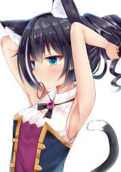Rule 34 | 1girl, absurdres, adjusting hair, animal ear fluff, animal ears, armpits, arms behind head, black hair, blue eyes, blush, cat ears, cat girl, cat tail, commentary request, highres, karyl (princess connect!), kurumizawa ruri, looking away, mouth hold, ponytail, princess connect!, short hair, simple background, sleeveless, solo, tail, upper body, white background