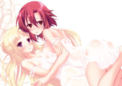 Rule 34 | 10s, 2girls, arm ribbon, ass, asymmetrical docking, barefoot, blonde hair, blush, braid, breast press, breasts, collarbone, commentary, covered erect nipples, dress, french braid, girl on top, hand on another&#039;s arm, highres, izetta, large breasts, long hair, looking at viewer, multiple girls, open mouth, ortfine fredericka von eylstadt, purple eyes, red eyes, red hair, ribbon, sasakawa arumi, see-through, short hair, shuumatsu no izetta, small breasts, white background, white dress, yuri