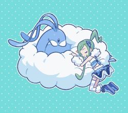 Rule 34 | 1girl, altaria, arm warmers, asymmetrical sidelocks, blue footwear, boots, closed eyes, closed mouth, creatures (company), game freak, gen 3 pokemon, green hair, hands up, kneeling, lisia (pokemon), nintendo, outline, overskirt, pokemon, pokemon (creature), pokemon oras, rii (mrhc7482), scarf, shorts, single thighhigh, smile, thighhighs, vest