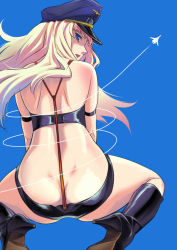 Rule 34 | 00s, 1girl, ass, back, blonde hair, blue background, blue eyes, boots, butt crack, choobackers32, choobackers32 (pixiv200837), from behind, hat, long hair, looking back, macross, macross frontier, peaked cap, pink hair, sheryl nome, sitting, solo, suspenders, wariza