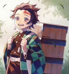 Rule 34 | 1boy, belt, brown hair, brown jacket, brown pants, buttons, checkered clothes, checkered kimono, cowboy shot, demon slayer uniform, earrings, falling leaves, green kimono, high collar, highres, holding strap, jacket, japanese clothes, jewelry, kamado tanjirou, kimetsu no yaiba, kimono, leaf, looking at viewer, lower teeth only, male focus, maze draws, open mouth, outdoors, pants, red eyes, scar, scar on face, scar on forehead, short hair, smile, solo, teeth, tree, twitter username, upper teeth only, white belt, wooden box