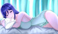 Rule 34 | 1girl, absurdres, aqua babydoll, aqua shirt, artist name, artist request, babydoll, bare legs, bare shoulders, bed, blue hair, blush, breasts, collarbone, curtains, female focus, hair between eyes, hair down, half-closed eyes, head on pillow, highres, holding, holding pillow, indoors, long hair, looking at viewer, love live!, love live! sunshine!!, matsuura kanan, medium breasts, mouth hold, on bed, parted lips, pillow, purple eyes, shirt, smile, solo, teeth, thighhighs, window