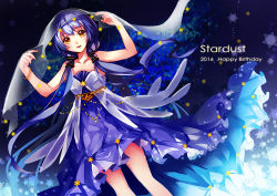 Rule 34 | 1girl, 2016, :d, bare arms, blue hair, collarbone, dress, dutch angle, feng you, floating hair, hair over shoulder, long hair, looking at viewer, low twintails, open mouth, purple dress, smile, solo, standing, strapless, strapless dress, twintails, veil, very long hair, vocaloid, xingchen, yellow eyes
