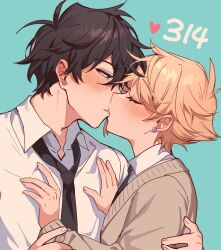 2boys bishounen black_hair black_necktie blonde_hair blue_background blush chinese_commentary closed_eyes collared_shirt commentary_request couple ear_piercing earrings heart highres inbe_naoyuki_(ming) jewelry kiss long_sleeves looking_at_another male_focus ming_(5unri5e666) momo_(ming) multiple_boys necktie original pi_day piercing shirt short_hair simple_background single_earring sweater upper_body white_shirt