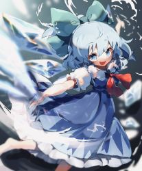 Rule 34 | 1girl, arms up, ayahi 4, barefoot, black background, blue background, blue bow, blue dress, blue eyes, blue hair, bow, bowtie, cirno, collar, collared shirt, dress, eyes visible through hair, gradient background, grey background, hair between eyes, hands up, highres, ice, ice wings, leg up, looking to the side, magic, open mouth, puffy short sleeves, puffy sleeves, red bow, red bowtie, shirt, short hair, short sleeves, smile, solo, standing, standing on one leg, teeth, touhou, white shirt, wings
