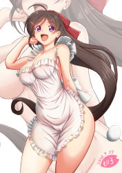 Rule 34 | 1girl, apron, breasts, brown hair, commentary request, frilled apron, frills, hair ornament, hair ribbon, hairclip, holding, holding ladle, kantai collection, ladle, large breasts, long hair, mamiya (kancolle), moke ro, naked apron, ponytail, purple eyes, red ribbon, ribbon, solo, white apron, zoom layer