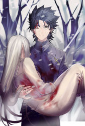 Rule 34 | 1boy, 1girl, amakusa shirou (fate), black hair, black jacket, blood, blood on face, blood on clothes, carrying, closed mouth, cross, cross necklace, death, dress, earrings, fate/apocrypha, fate (series), hair between eyes, highres, homunculus, irisviel von einzbern, jacket, jewelry, long hair, looking at viewer, necklace, one eye closed, princess carry, snow, snowing, spiked hair, spoilers, tree, white dress, white hair, yellow eyes, yijiao