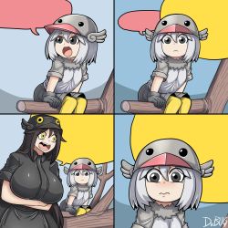 Rule 34 | 2girls, 4koma, annoyed, annoyed bird, artist name, bird hat, black dress, black hair, black pants, blank speech bubble, breasts, comic, dr. bug, dress, flat chest, gloves, grey eyes, grey gloves, grey hair, highres, huge breasts, looking at viewer, meme, multiple girls, pants, pantyhose, personification, shirt, shouting, simple background, sitting on tree stump, speech bubble, template, thighhighs, tree, wide-eyed, yellow eyes, yellow legwear