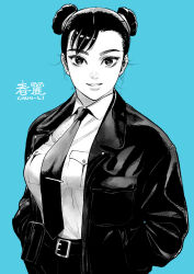 Rule 34 | 1girl, absurdres, ahn dongshik, blue background, breasts, capcom, character name, chun-li, collared shirt, commentary request, double bun, greyscale with colored background, hair bun, hands in pockets, highres, jacket, looking at viewer, medium breasts, monochrome, necktie, shirt, short hair, smile, solo, street fighter, tie clip, upper body