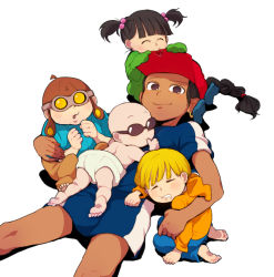 Rule 34 | 1girl, 3boys, numbuh 5, age difference, aged down, baby, bald, black hair, blonde hair, braid, cartoon network, clenched hands, closed eyes, codename: kids next door, dark skin, diaper, drooling, earrings, goggles, hair bobbles, hair ornament, hat, hogarth pennywhistle gilligan jr, numbuh 2, hood, hoodie, jewelry, numbuh 3, looking at viewer, looking back, looking up, lying, multiple boys, numbuh 1, on back, on stomach, open mouth, saliva, shadow, short twintails, simple background, sitting, size difference, sleeping, sleeves past wrists, smile, sunglasses, t k g, thumb sucking, twintails, numbuh 4, white background