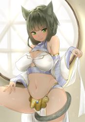 Rule 34 | 1girl, animal ears, bad id, bad twitter id, bare shoulders, black hair, blunt bangs, blush, breasts, cat ears, cat tail, copyright request, detached sleeves, green eyes, highres, huge breasts, jpeg artifacts, leg up, loincloth, loincloth lift, long hair, midriff, navel, shiny skin, smile, solo, tail, yaman (yamanta lov)
