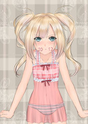 Rule 34 | 10s, 1girl, 2012, blonde hair, blue eyes, blush, bow, camisole, character request, chemise, flat chest, highres, kai (link2262), long hair, looking at viewer, midriff, navel, original, panties, pout, see-through, solo, striped clothes, striped panties, twintails, underwear