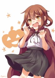Rule 34 | 10s, 1girl, bad id, bad pixiv id, brown eyes, brown hair, cape, emilion, fang, hair ornament, hairclip, halloween, ikazuchi (kancolle), kantai collection, open mouth, short hair, skirt, smile, solo