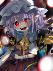 Rule 34 | 1girl, :d, bandaged arm, bandages, bow, bowtie, epaulettes, fangs, flandre scarlet, hat, highres, looking at viewer, mob cap, one side up, open mouth, pointy ears, purple hair, ramochi, red eyes, short hair, short sleeves, smile, solo, touhou, touhou lostword, upper body, white hat, yellow bow, yellow bowtie
