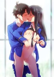 Rule 34 | 10s, 1boy, 1girl, aldnoah.zero, bad id, bad pixiv id, black hair, blush, bottomless, grabbing another&#039;s breast, breasts, brother and sister, brown eyes, brown hair, censored, closed eyes, clothed sex, complex fracture, grabbing, gradient background, hetero, incest, kaizuka inaho, kaizuka yuki, long hair, medium breasts, military, military uniform, mosaic censoring, navel, necktie, nipples, open clothes, open mouth, pussy, sex, short hair, siblings, striped, striped background, tongue, tongue out, uniform