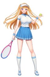 Rule 34 | 1girl, ball, blonde hair, blue collar, blue eyes, blue skirt, blue wristband, blush, breasts, collar, collared shirt, floating hair, full body, highres, holding, holding ball, holding tennis racket, large breasts, lina (michihasu), long hair, looking at viewer, michihasu, multicolored clothes, open mouth, original, pleated skirt, racket, shirt, shirt tucked in, shoes, short sleeves, skirt, smile, sneakers, socks, solo, sportswear, standing, tachi-e, teeth, tennis, tennis ball, tennis racket, tennis uniform, thighs, two side up, upper teeth only, white background, white shirt, white socks, wristband
