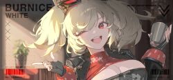 black_gloves black_jacket blonde_hair breasts burnice_white cleavage cup fingerless_gloves gloves highres holding holding_cup indoors jacket large_breasts noodle_y one_eye_closed open_clothes open_jacket open_mouth portrait red_eyes red_shirt shirt teeth torn_clothes torn_shirt twintails upper_teeth_only zenless_zone_zero