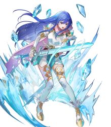 Rule 34 | 1girl, ankle boots, armor, belt, blue eyes, blue hair, boots, breastplate, caeda (fire emblem), cape, closed mouth, dress, elbow gloves, feather trim, female focus, fire emblem, fire emblem: mystery of the emblem, fire emblem heroes, floating, floating object, full body, gloves, highres, holding, holding sword, holding weapon, ice, long hair, looking at viewer, looking away, matching hair/eyes, multiple belts, nintendo, official art, open mouth, pink cape, short dress, shoulder armor, solo, sword, thighhighs, transparent background, weapon, white thighhighs, zettai ryouiki