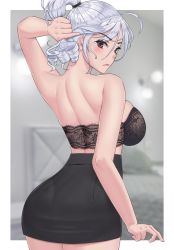 Rule 34 | 1girl, ahoge, arm up, ass, bare arms, bare shoulders, bed, black bra, black skirt, blurry, blurry background, blush, bra, breasts, curly hair, dress, floral print, grabbing, hair between eyes, hair tie, hand in own hair, himeliofon, indoors, lace, lace bra, lamp, large breasts, lipstick, looking at viewer, makeup, miniskirt, original, outside border, panties, pantylines, pencil dress, pencil skirt, ponytail, red eyes, skindentation, skirt, sleeveless, solo, underwear, white hair