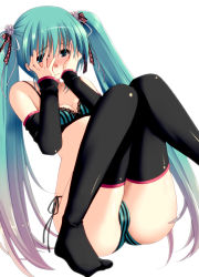 Rule 34 | 1girl, aqua eyes, aqua hair, bad id, bad pixiv id, blush, bra, detached sleeves, hair ribbon, hatsune miku, lingerie, long hair, panties, ribbon, side-tie panties, simple background, sitting, solo, striped bar, striped bra, striped clothes, striped panties, theta (ponkotsu works), thighhighs, twintails, underwear, underwear only, very long hair, vocaloid