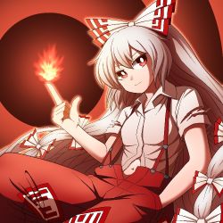 Rule 34 | 1girl, aliasing, bow, closed mouth, collar, fire, fujiwara no mokou, hair between eyes, hand in pocket, hand up, hoshii 1213, long hair, looking to the side, multicolored bow, pants, red background, red bow, red eyes, red pants, shirt, short sleeves, sitting, smile, solo, touhou, very long hair, white bow, white collar, white hair, white shirt, white sleeves