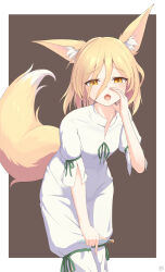 Rule 34 | 1girl, animal ear fluff, animal ears, blonde hair, blush, border, brown background, commentary request, cowboy shot, dated, eyes visible through hair, fox ears, fox girl, fox tail, green ribbon, hair between eyes, hand on own face, hand up, highres, holding, holding vial, kudamaki tsukasa, leaning, leaning forward, long bangs, looking at viewer, medium hair, open mouth, outside border, ribbon, romper, short sleeves, signature, simple background, sleeve garter, solo, standing, tail, tail raised, touhou, vial, white border, white romper, white tail, yahazu, yellow eyes, yellow tail