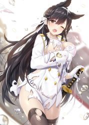 Rule 34 | 1girl, atago (azur lane), azur lane, black hair, black thighhighs, blurry, blurry background, blush, bra, breasts, brown eyes, buttons, collarbone, commentary request, gloves, highres, katana, large breasts, long hair, long sleeves, mole, mole under eye, one eye closed, open mouth, sheath, sheathed, shiny skin, simple background, skirt, solo, sword, thighhighs, torn clothes, torn skirt, underwear, water, water drop, weapon, white gloves, yano mitsuki (nanairo)