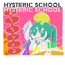 Rule 34 | 1girl, 3:, album cover, aqua eyes, aqua hair, beamed quavers, bkub, book, bookmark, bubble, c:, cover, erlenmeyer flask, flask, hatsune miku, lab coat, long hair, lowres, musical note, neckerchief, pink background, pinky out, quaver, school uniform, serafuku, test tube, twintails, vocaloid