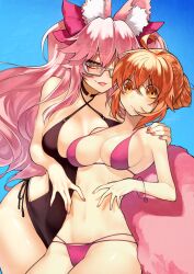 Rule 34 | 2girls, ahoge, animal ear fluff, animal ears, bikini, black one-piece swimsuit, blue sky, blush, bow, bracelet, breasts, cleavage, day, fang, fate/grand order, fate (series), fingernails, fox ears, fox girl, fox tail, fujimaru ritsuka (female), glasses, hair bow, hair up, hand on another&#039;s shoulder, hand on another&#039;s stomach, heart bracelet, height difference, jewelry, koyanskaya (fate), large breasts, long hair, looking at another, looking at hand, looking down, medium breasts, medium hair, multiple girls, nail polish, naughty face, navel, one-piece swimsuit, open mouth, orange hair, outdoors, pink bikini, pink bow, pink hair, pink nails, rkp, seductive smile, sky, smile, stomach, swimsuit, tail, thighs, tongue, very long hair, yellow eyes, yuri