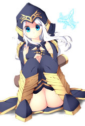 Rule 34 | 1girl, ashe (league of legends), black thighhighs, blue eyes, hasumi takashi, league of legends, long hair, looking at viewer, no panties, simple background, solo, thighhighs, white background