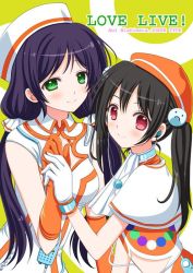 Rule 34 | 10s, 2girls, black hair, blush, bow, breasts, capelet, earphones, gloves, green eyes, hair bow, hat, long hair, looking at viewer, love live!, love live! school idol festival, love live! school idol project, multiple girls, nishimata aoi, orange gloves, purple hair, red eyes, smile, tojo nozomi, twintails, white gloves, yazawa nico