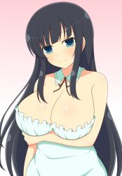 Rule 34 | 1girl, arm under breasts, bare shoulders, black hair, black ribbon, blue eyes, blunt bangs, blush, breasts, cleavage, closed mouth, collar, detached collar, dress, frilled collar, frills, gradient background, green dress, hand on own arm, head tilt, highres, ichiryuu tsumiki, ikaruga (senran kagura), large breasts, long hair, looking at viewer, neck ribbon, pink background, ribbon, senran kagura, shiny skin, sidelocks, smile, solo, strapless, strapless dress, upper body, white background