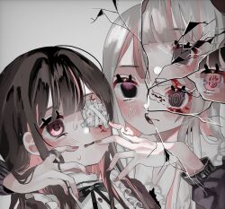 Rule 34 | 2girls, black bow, black bowtie, black eyes, blush, bow, bowtie, brown hair, center frills, colored inner hair, cracked screen, eyepatch, frills, gauze, gauze over eye, grey background, grey hair, hanataro (sruvhqkehy1zied), hands up, highres, long hair, long sleeves, looking at another, medical eyepatch, mismatched pupils, multicolored hair, multiple girls, nail polish, open mouth, original, pink eyes, pink hair, pink nails, ringed eyes, scared, simple background, smile, sweat, two-tone hair, upper body