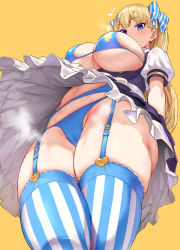 Rule 34 | 1girl, absurdres, arms behind back, ass, bikini, black eyes, blonde hair, blue bikini, blue eyes, blue garter belt, blue garter straps, blush, borrowed character, bow, breastless clothes, breasts, cameltoe, commentary, covered mouth, cowboy shot, crossed legs, dress, female pubic hair, frilled dress, frills, from below, garter belt, hair between eyes, hair bow, hair ornament, hairclip, highres, ikuchan kaoru, large breasts, lina (michihasu), long hair, looking at viewer, looking down, lowleg, lowleg bikini, multicolored eyes, navel, notice lines, original, perspective, pubic hair, puffy short sleeves, puffy sleeves, purple dress, purple eyes, short sleeves, simple background, skindentation, solo, standing, steam, steaming body, strap gap, string bikini, striped bow, striped clothes, striped thighhighs, sweat, sweatdrop, swimsuit, thighhighs, thighs, twintails, underboob, underbust, upskirt, yellow background