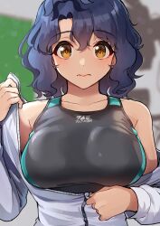Rule 34 | 1girl, antenna hair, blue hair, blurry, blurry background, blush, breasts, collarbone, competition swimsuit, dark blue hair, highres, idolmaster, idolmaster million live!, jacket, jacket partially removed, kamille (vcx68), large breasts, looking at viewer, one-piece swimsuit, partially unzipped, redrawn, solo, swimsuit, toyokawa fuka, upper body