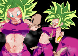 Rule 34 | 1girl, bar censor, big hair, black background, blush, breasts, breasts apart, cameltoe, censored, clenched teeth, clitoris, covered erect nipples, crying, crying with eyes open, dragon ball, dragon ball super, earrings, erect clitoris, green eyes, green hair, groin, hands up, highres, hip focus, jewelry, kefla (dragon ball), large breasts, legs, multiple views, navel, nipple stimulation, nipple tweak, open mouth, rom (20), saliva, simple background, sleeveless, solo focus, spiked hair, standing, steaming body, sweat, tears, teeth, thighs, toned