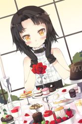 Rule 34 | 1girl, black hair, blush, cake, checkerboard cookie, choker, cookie, corset, cup, cupcake, dutch angle, flat chest, flower, food, frills, fruit, gloves, lowres, petals, rose, short hair, sita vilosa, solo, strawberry, sword girls, table, tiered tray, yellow eyes